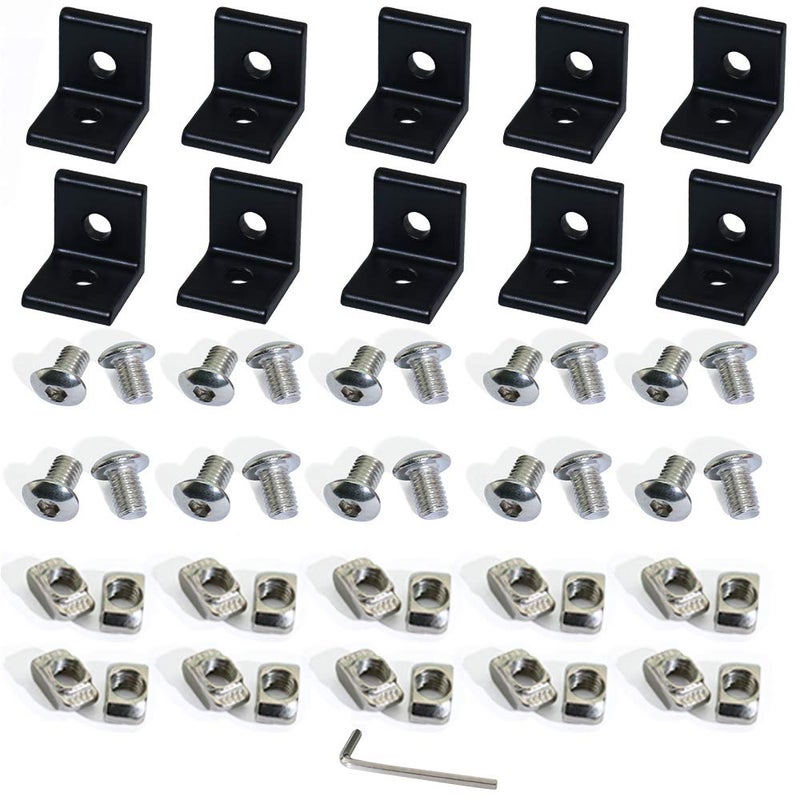 Boeray 10pcs 2 Hole Black 90 Degree Inside Corner Bracket Kit for 2020 Aluminum Extrusion Profile 20x20 Slot 6mm with 20pcs t nut + 20pcs hex Screw + 1pcs Wrench - Image 1